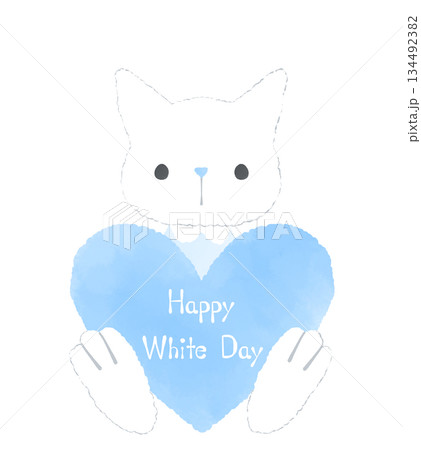 ホワイトデー 水色のハートを持った猫のイラスト ホワイトデー 水色のハートを持った猫のイラスト 134492382