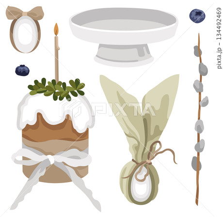 Hand-drawn Easter cake with a candle and bow, pussy willow branch and dyed egg and cake stand 134492469