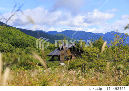 緑の山々と草原に囲まれた乗鞍高原の木造カフェの遠景 緑の山々と草原に囲まれた乗鞍高原の木造カフェの遠景 134492563