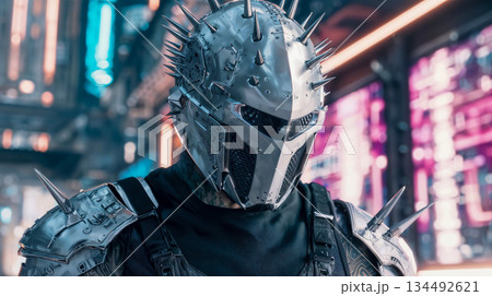 Futuristic warrior in spiked armor amidst glowing city lights Futuristic warrior in spiked armor amidst glowing city lights 134492621