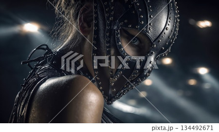 Mysterious woman in a studded dark mask gazing intensely with one eye 134492671