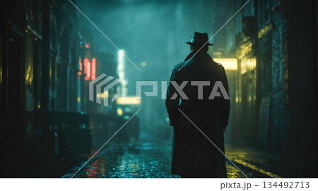 Man walking on a dark, rainy city street at night 134492713