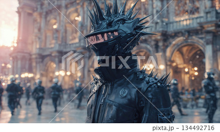 Robotic figure with spiked helmet in futuristic city Robotic figure with spiked helmet in futuristic city 134492716