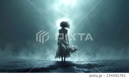 Ethereal woman in white dress standing in misty ocean Ethereal woman in white dress standing in misty ocean 134492761