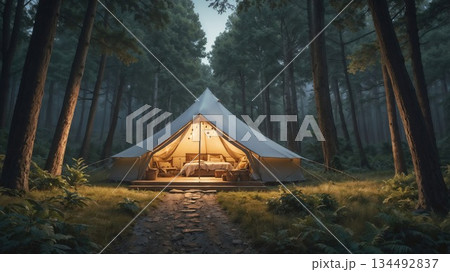 Glamping tent glows invitingly within a mystical forest 134492837