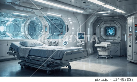 Empty futuristic medical bay with advanced technology 134492858