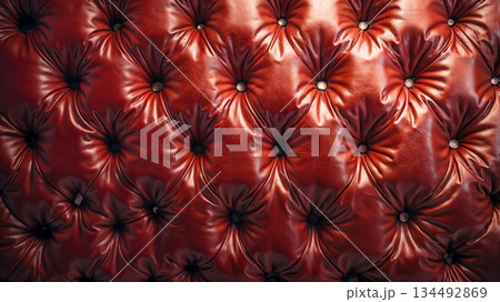 Red leather upholstery showcasing classic tufted design and luxurious texture 134492869