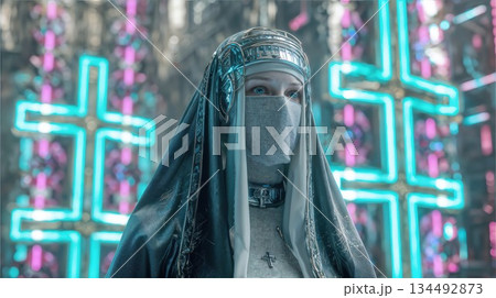 Serene woman in futuristic veil and headpiece with glowing crosses 134492873