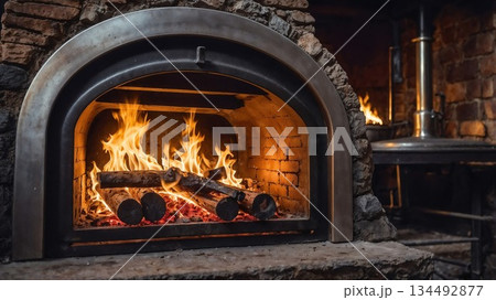 Wood logs burning brightly in a rustic stone oven 134492877