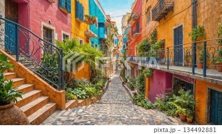 Colorful buildings lining a narrow cobblestone street in a Mediterranean town 134492881
