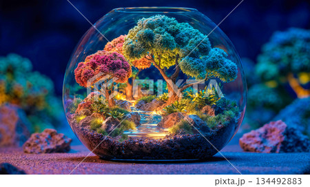 Vibrant Miniature Ecosystem Glowing Inside Glass Spher 134492883