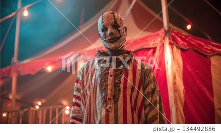 Scary masked figure posing at a spooky circus tent at night 134492886