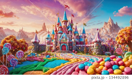 Colorful candy kingdom invites exploration in a dreamlike world 134492896
