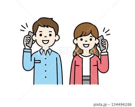 スマートフォンで話す・通話する、若い男性と女性の上半身ベクターイラスト素材セット＿カラー 134494286