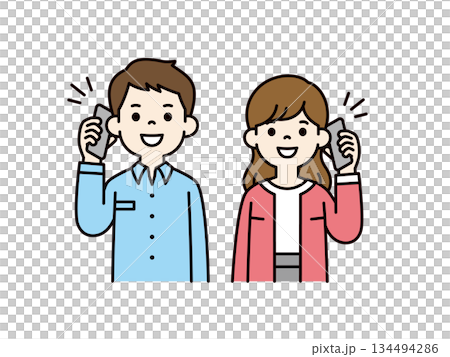 スマートフォンで話す・通話する、若い男性と女性の上半身ベクターイラスト素材セット＿カラー 134494286
