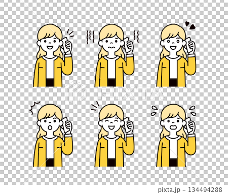 スマートフォンで通話する、様々な表情の女性・主婦・ママの上半身ベクターイラスト素材セット 134494288
