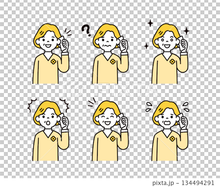 Upper body vector illustration set of middle-aged and elderly women with various expressions talking on smartphones 134494291