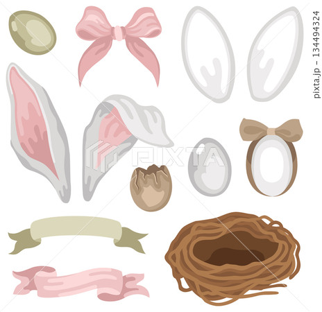 Hand-drawn Easter collection with bow and ribbon, Easter bunny ears, dyed eggs and nest 134494324