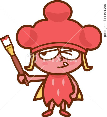筆を持って考える赤い帽子とかわいい服を着た女の子 134494390