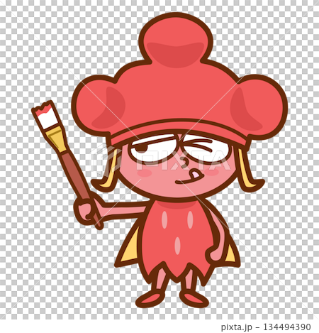 筆を持って考える赤い帽子とかわいい服を着た女の子 134494390