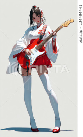 楽器女子043 巫女風衣装でギターを演奏する女性イラスト 134494441