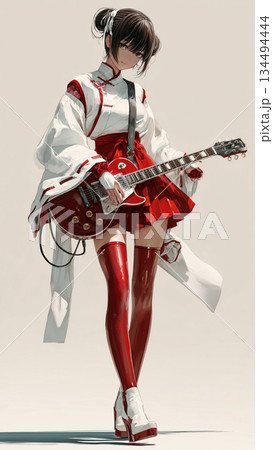楽器女子046 巫女風衣装でギターを演奏する女性イラスト 134494444
