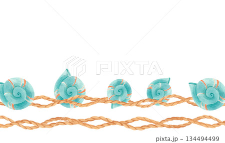Watercolor nautical rope border with blue seashells and space for text. Vintage marine template with spiral shells and waves. 134494499