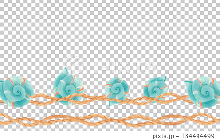Watercolor nautical rope border with blue seashells and space for text. Vintage marine template with spiral shells and waves. 134494499