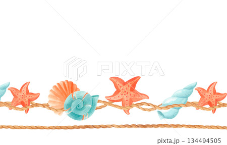 Watercolor sea border with shells, starfish and nautical ropes. Horizontal marine template for invitations, summer cards, posters 134494505