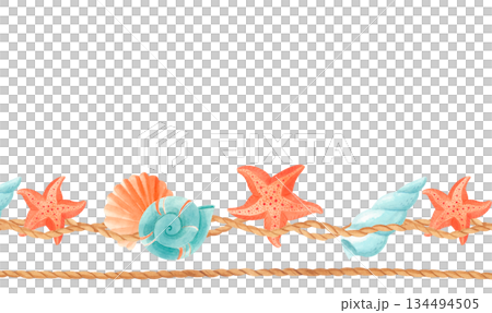 Watercolor sea border with shells, starfish and nautical ropes. Horizontal marine template for invitations, summer cards, posters 134494505