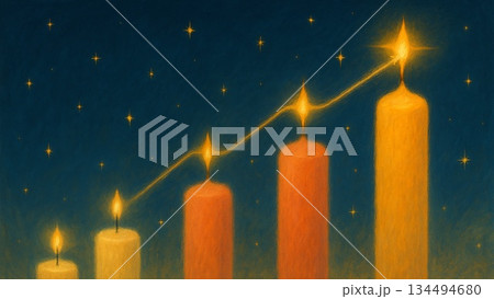 キャンドルの光で描く成長グラフの幻想的なイラスト 134494680