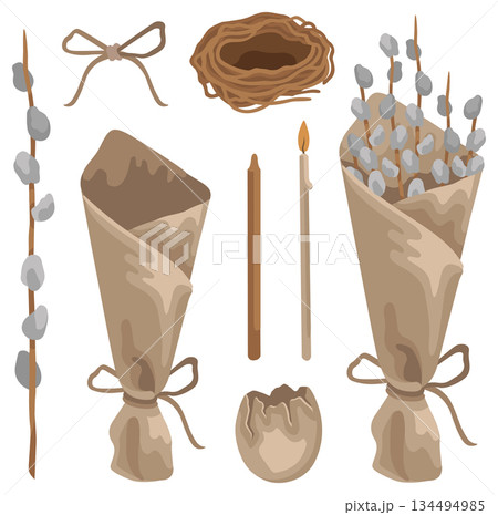 Hand-drawn collection with pussy willow branches and bouquet, bow and Easter candles, nest and broken eggshell 134494985