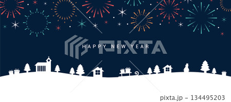 happy new year banner with fireworks in village vector illustration 134495203