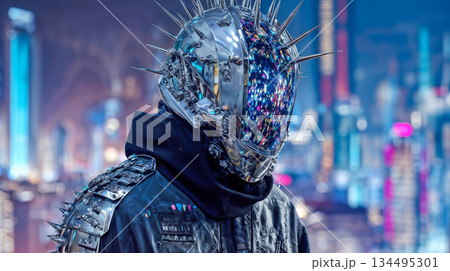 Cyberpunk warrior in glowing helmet against neon city Cyberpunk warrior in glowing helmet against neon city 134495301