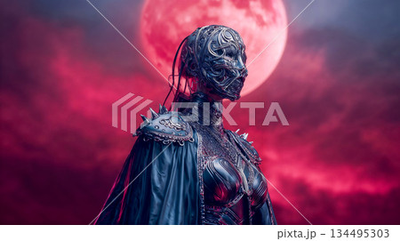 Futuristic armored warrior under a dramatic red moon 134495303