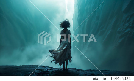 Solitary woman stands gazing into a vast mysterious canyon 134495326