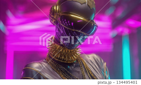 Stylish cyberpunk character with gold details and neon lights Stylish cyberpunk character with gold details and neon lights 134495401