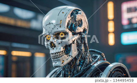 Futuristic android skull with bright glowing eyesのイラスト素材 [134495459 ...