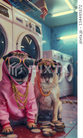 Playful Bulldogs Enjoy Colorful Laundry Area, Two Cheerful Bulldogs Share Treats During Laundry Time 134495872
