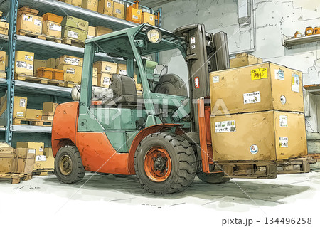 倉庫内に並ぶ貨物とフォークリフト 物流イメージ 134496258