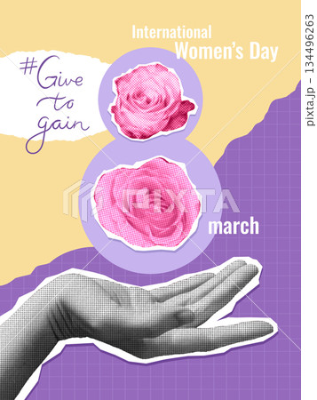International Womens Day postcard with halftone collage with a giving hand and flowers. Give to gain concept. Vector illustration International Womens Day postcard with halftone collage with a giving hand and flowers. Give to gain concept. Vector illustration 134496263