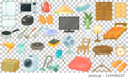 家具・家電・生活雑貨のイラストセット 新生活 住まい 家具・家電・生活雑貨のイラストセット 新生活 住まい 134496287