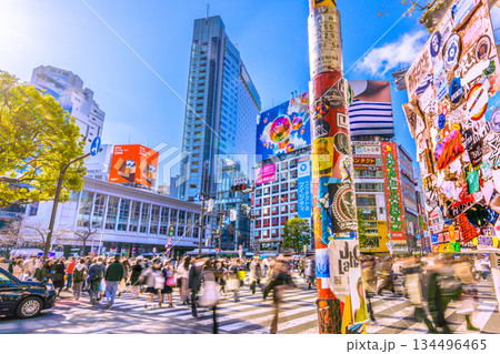 日本の東京都市景観年の瀬。インバウンドが続く渋谷。ほとんどが外国人観光客。思い出のステッカーも… 134496465