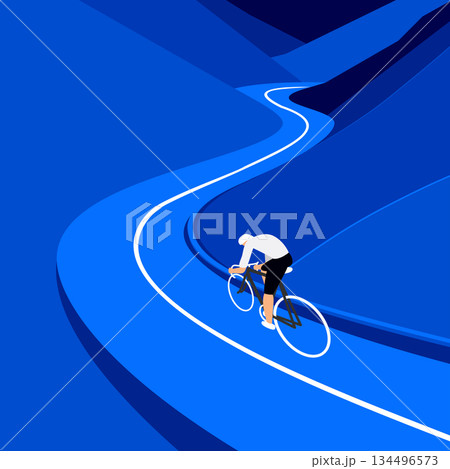 Cyclist riding a bicycle swiftly along a mountain road, in minimalist vector illustration style. Cyclist riding a bicycle swiftly along a mountain road, in minimalist vector illustration style. 134496573
