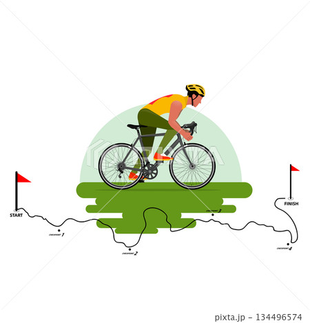 Vector illustration of road cycling,Cross-country bike race,Racing Route.A male athlete riding on a bicycle. Vector illustration of road cycling,Cross-country bike race,Racing Route.A male athlete riding on a bicycle. 134496574