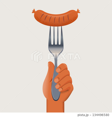Minimalist vector illustration of an hand holding silver metal fork skewering brown sausage with twine ties against solid light gray background. Minimalist vector illustration of an hand holding silver metal fork skewering brown sausage with twine ties against solid light gray background. 134496580