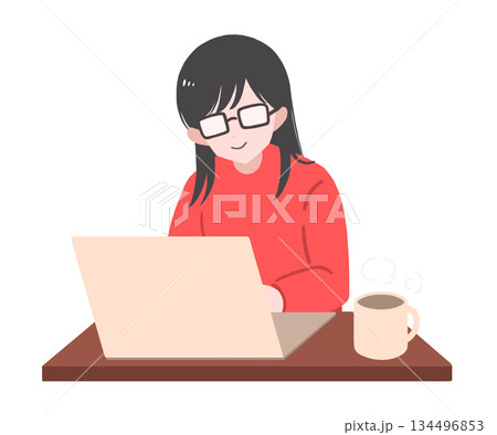 女性が笑顔でノートパソコンを操作している、在宅ワークやオンライン学習のリラックスしたイラスト 134496853
