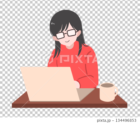 女性が笑顔でノートパソコンを操作している、在宅ワークやオンライン学習のリラックスしたイラスト 134496853