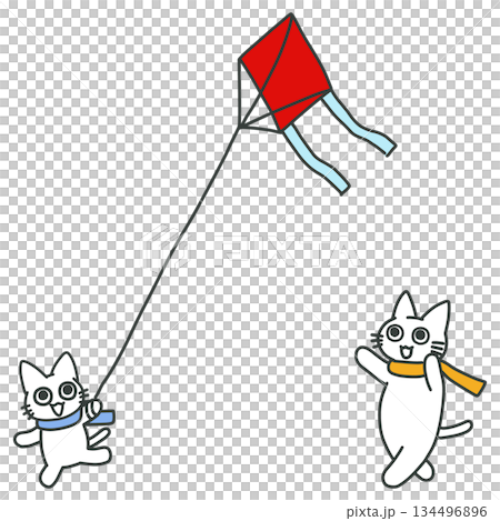 兩隻可愛的小白貓玩風箏的插圖 兩隻可愛的小白貓玩風箏的插圖 134496896