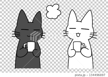 A cute illustration of a black and white cat relaxing during a coffee break 134496897